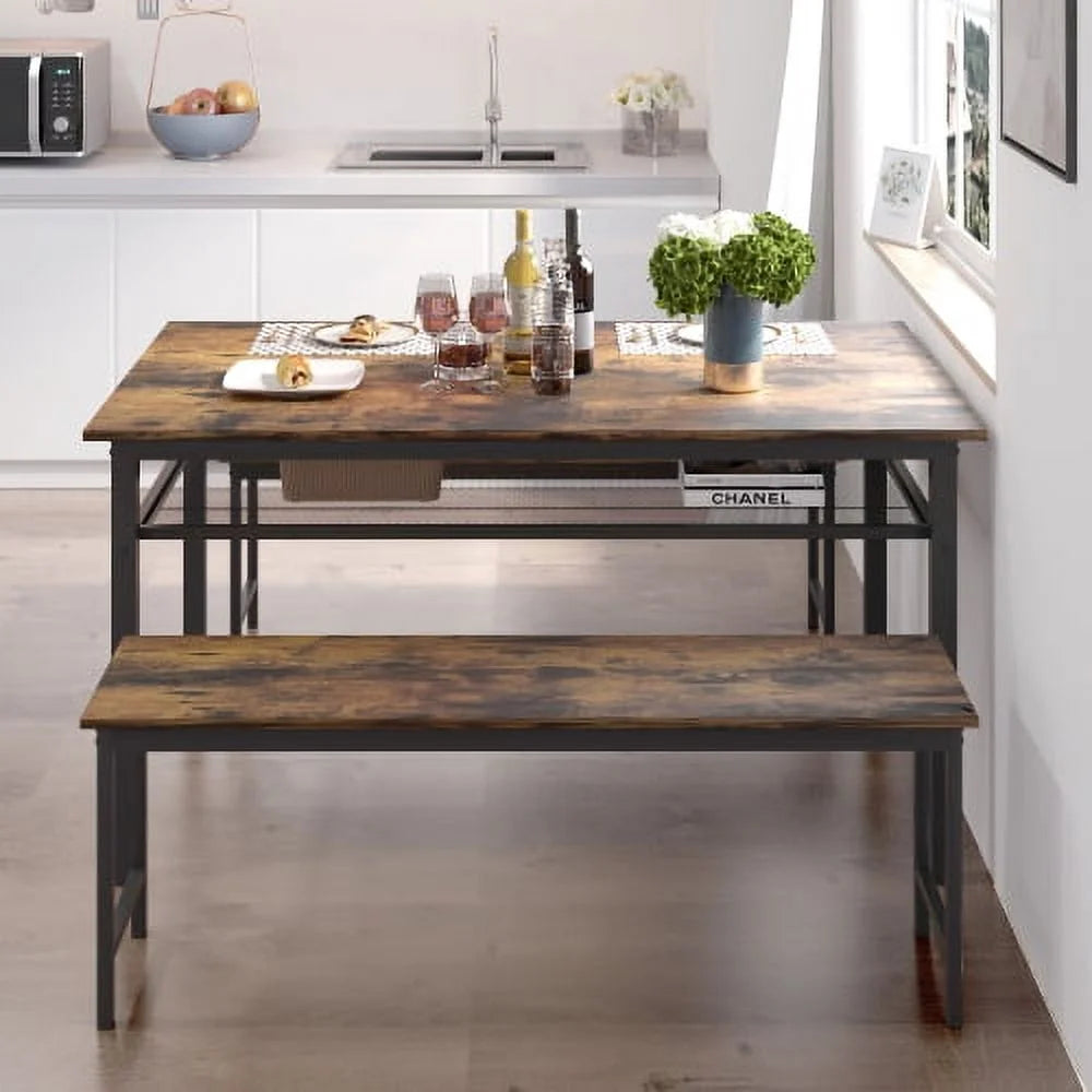 3 Pieces Farmhouse Kitchen Table Set with Two Benches W255134