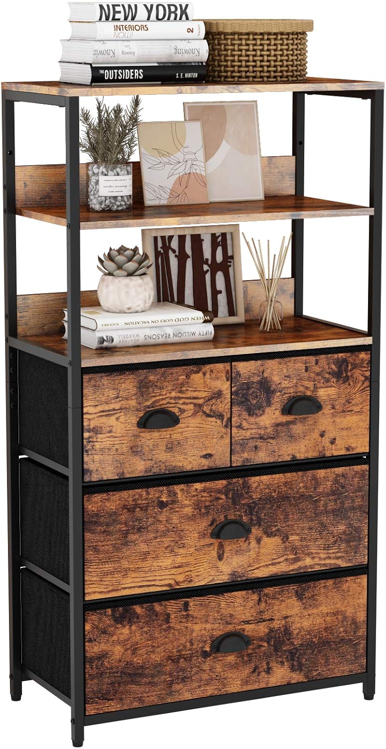 4 Drawer Fabric Dresser with 3 Tier Wood Shelf I108