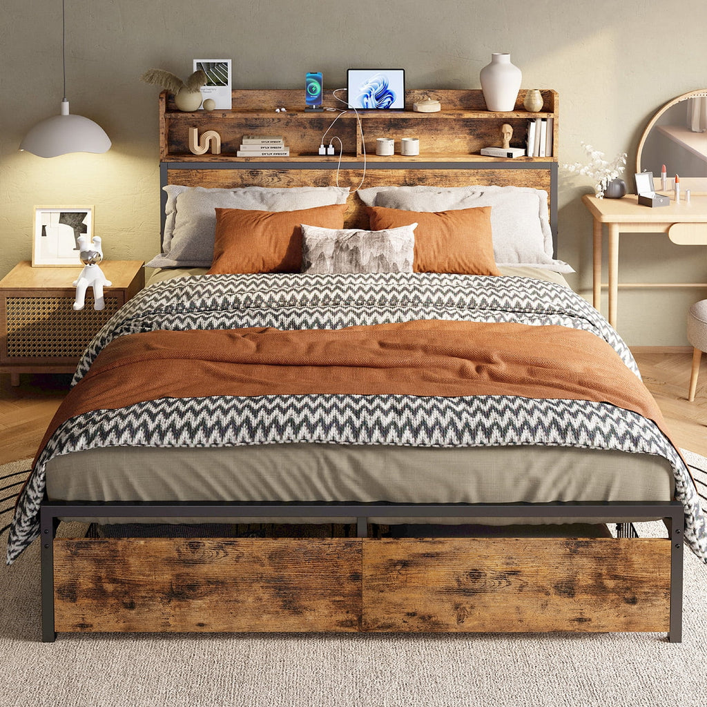 Full Platform Bed Frame with Storage Headboard and 2 Under-bed Drawers L333