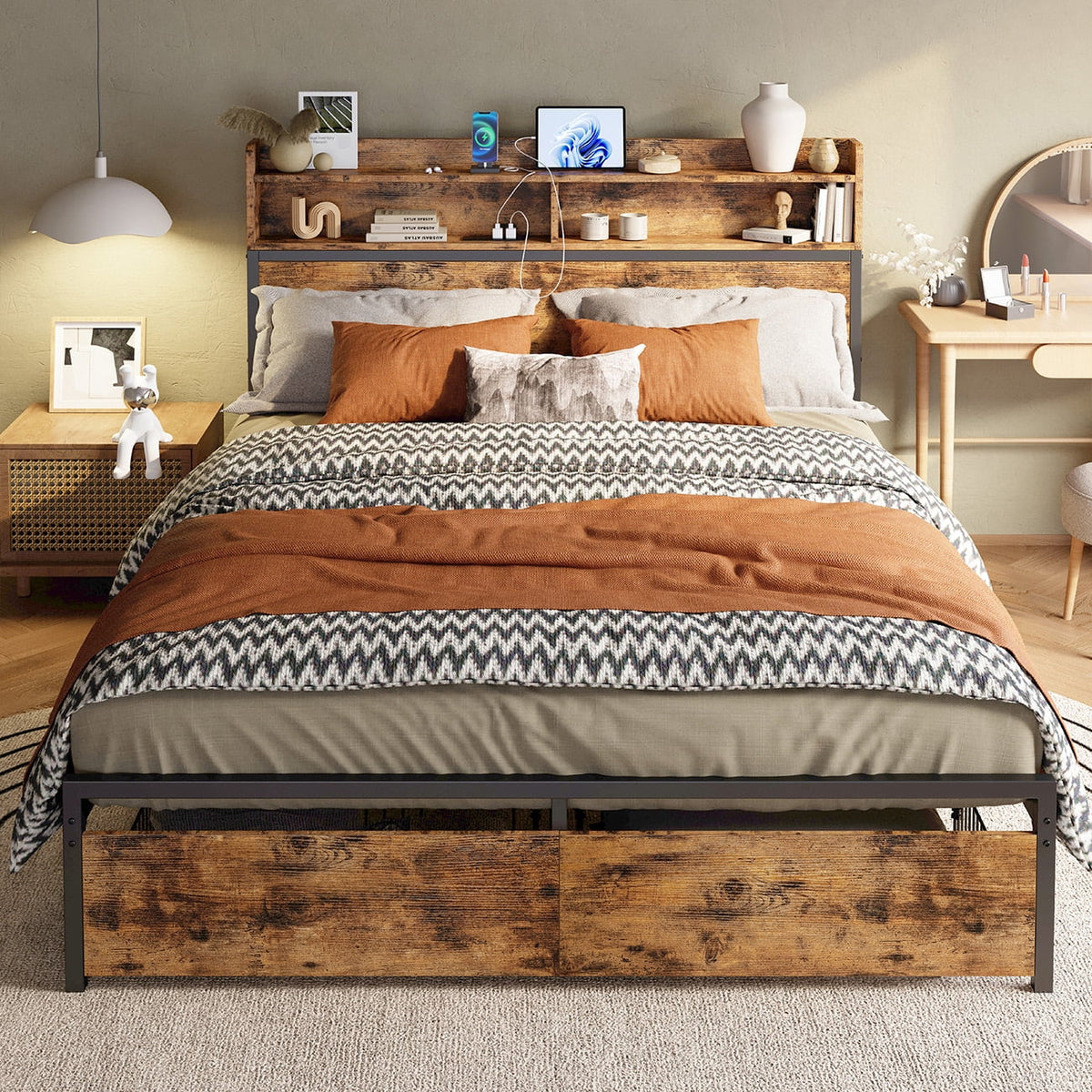 Full Platform Bed Frame with Storage Headboard and 2 Under-bed Drawers L333