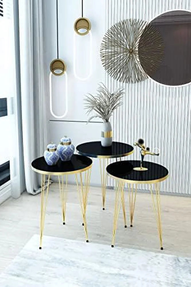 Set of 3 High Gloss Black Round Nesting Tables with Metal Legs T559