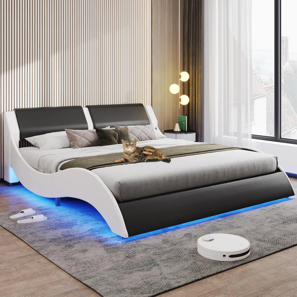 Queen LED Bed Frame with Faux PU Leather Headboard K588673