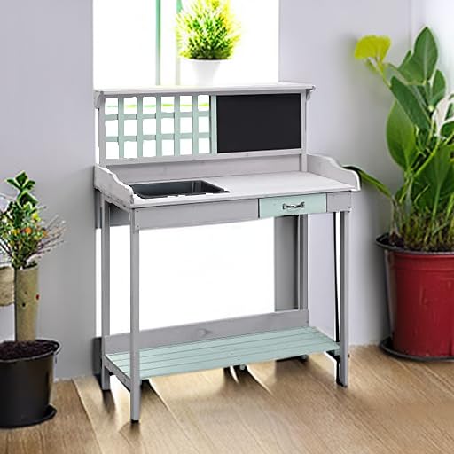Light Gray Wooden Potting Bench Table with Sink and Drawer E1671