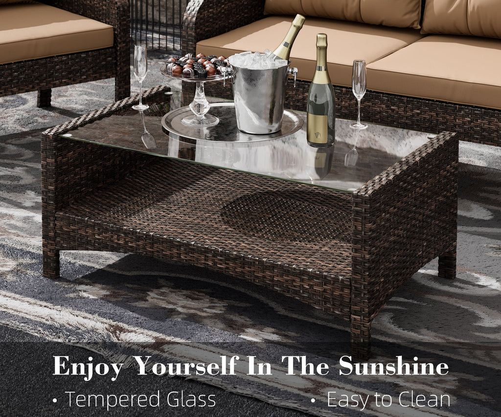4-Piece Outdoor Rattan Wicker Sofa Set with Cushions & Coffee Table H583629