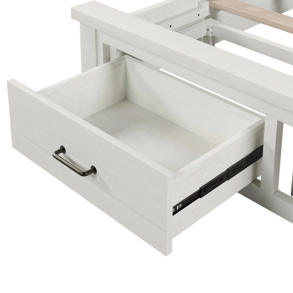 Queen Size White Solid Wood Storage Panel Bed with 2 Drawers X4914