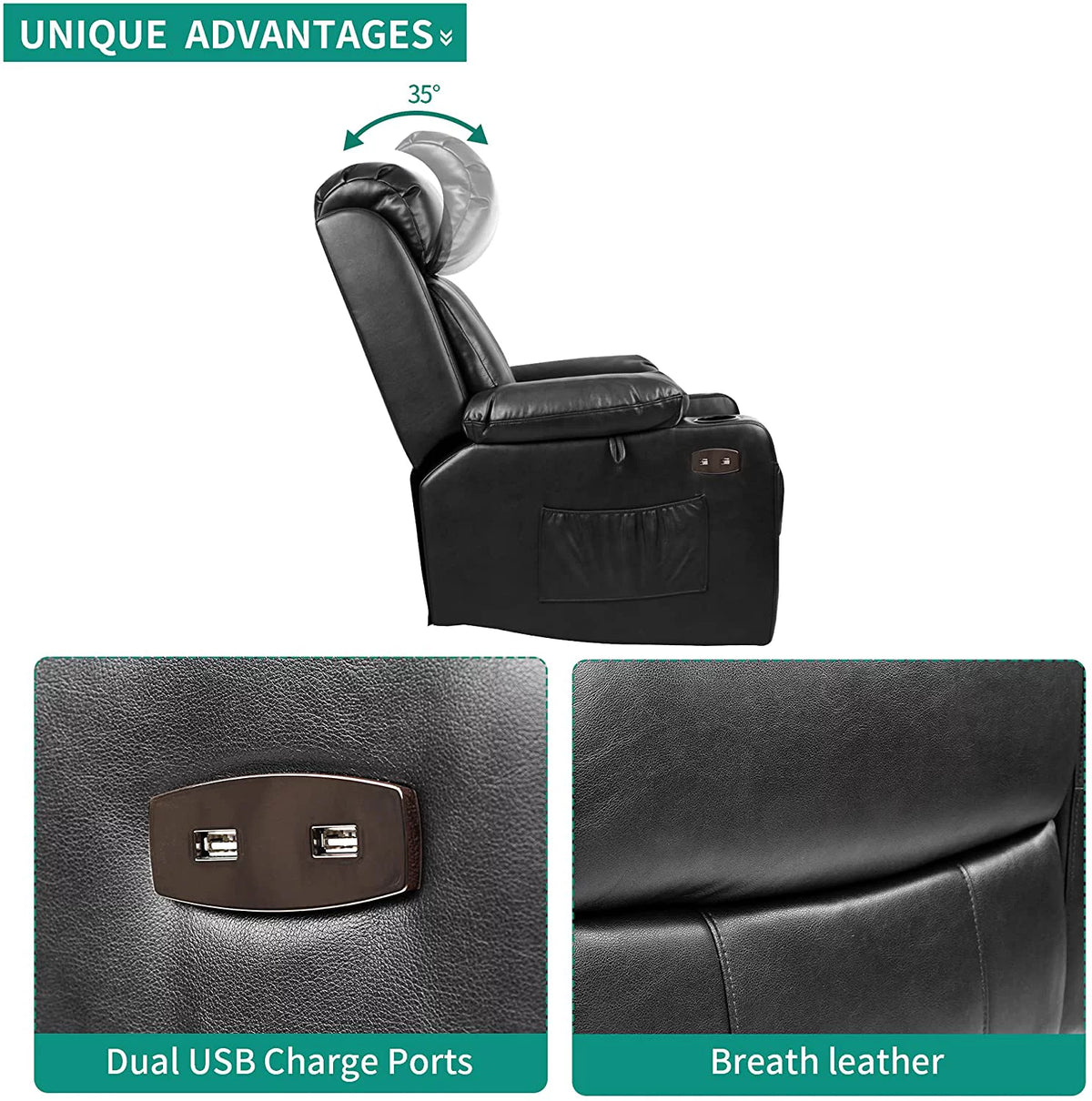 Black Faux Leather Power Lift Recliner Chair with Massage Heat E52727