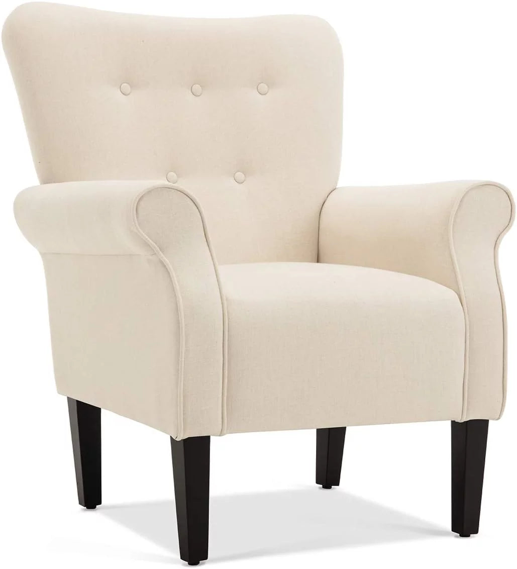 Beige Upholstered High Back Armchair with Wooden Legs L802327