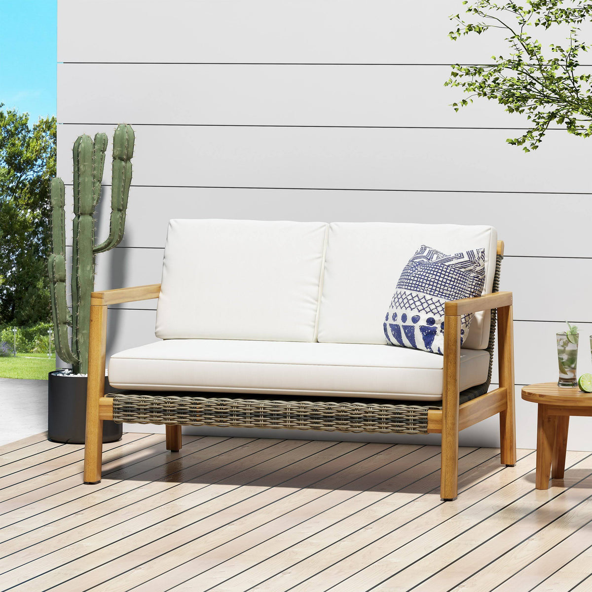 Acacia Wood Loveseat with Wicker Accents W9450