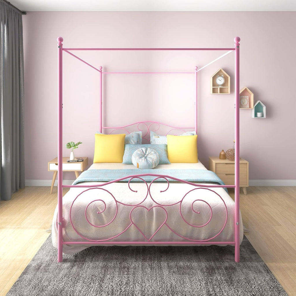 White Full Steel Canopy Bed Frame with Headboard and Footboard J525243