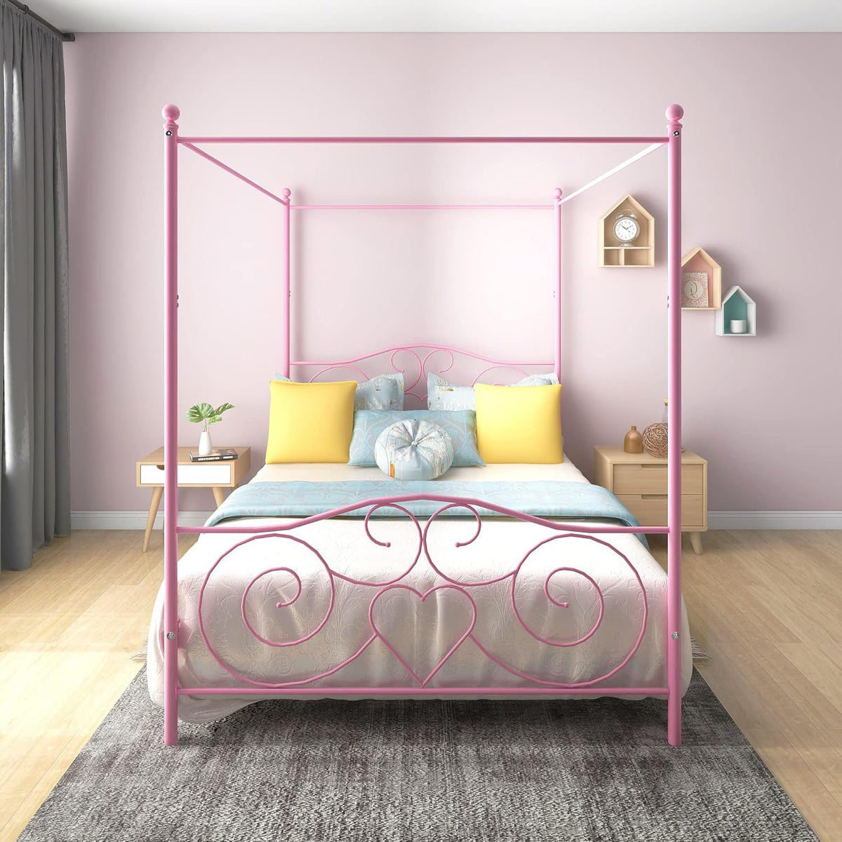 White Full Steel Canopy Bed Frame with Headboard and Footboard J525243