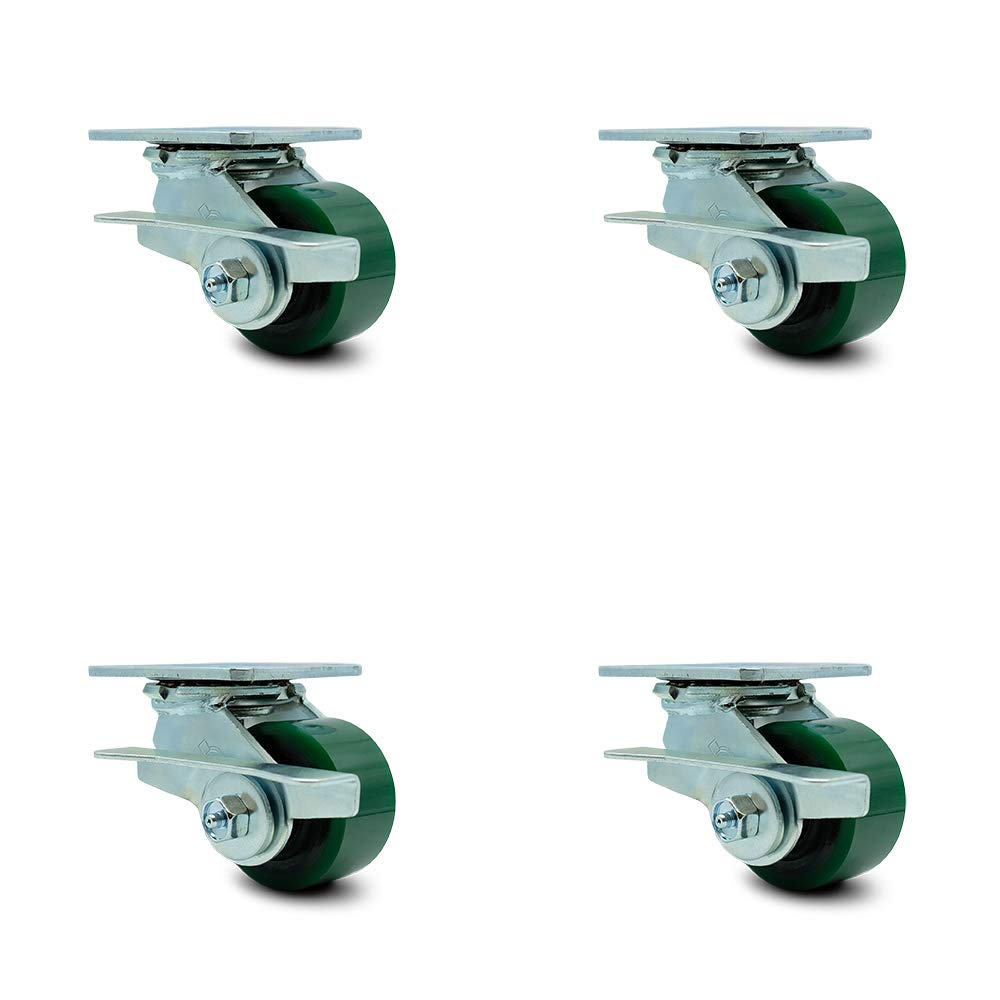 Polyurethane Cast Iron Swivel Caster with 8 x 2 Green Wheel and Brake, Pack of 2 N9808