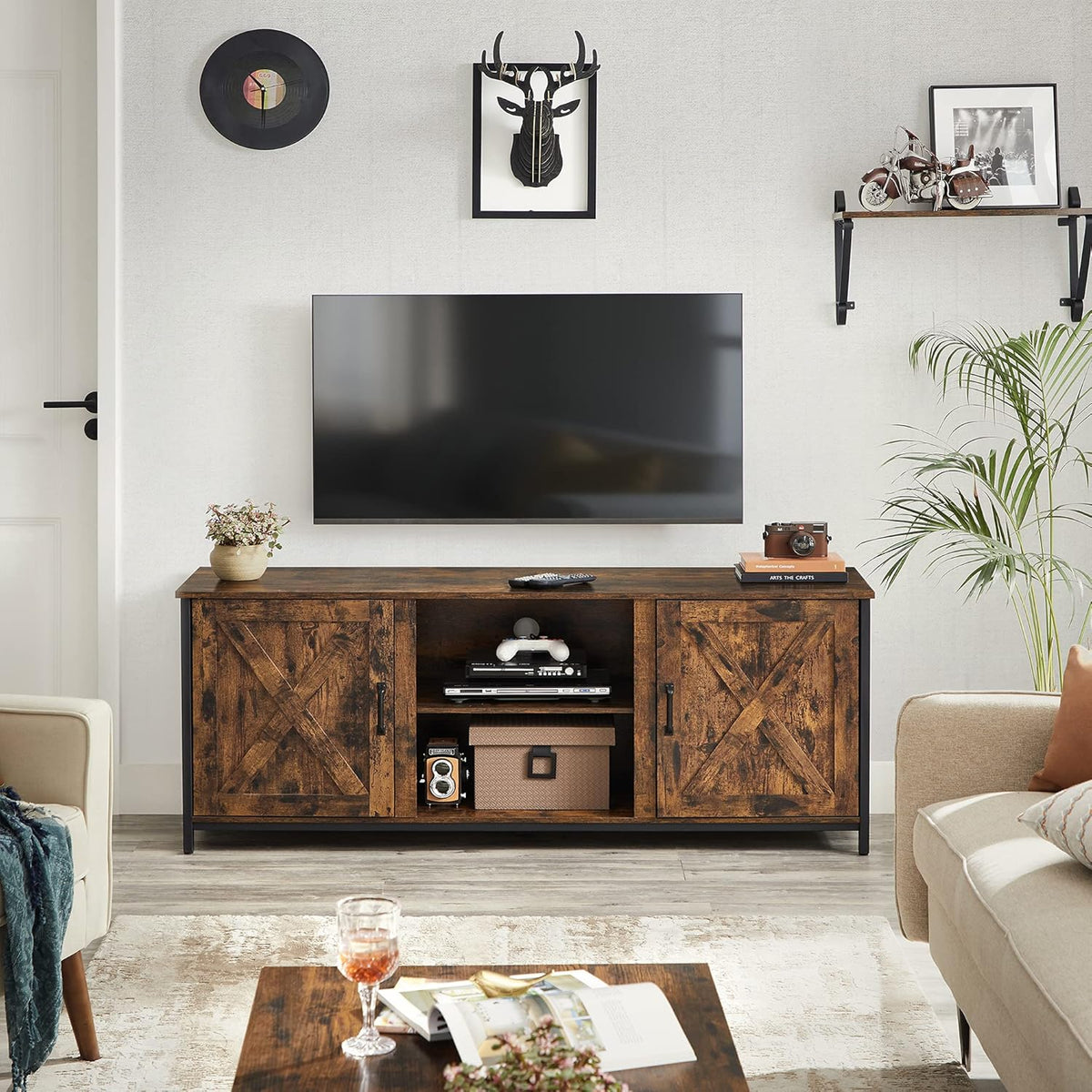 Farmhouse TV Stand for 65 Inch TV with Adjustable Shelves J5829