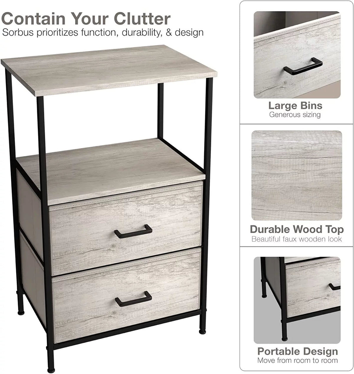 3 Drawer Nightstand with Steel Frame and Wood Top B926