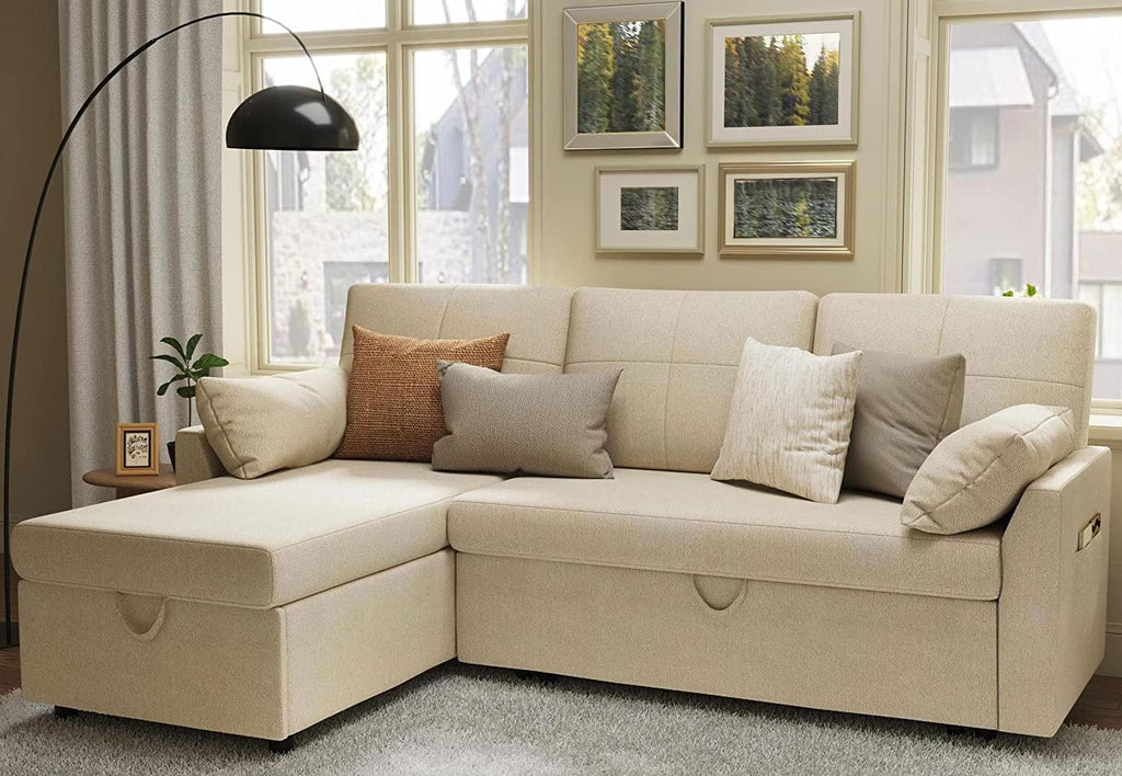 Pull Out Couch Sleeper Sofa with Storage Chaise Grey Sherpa Y323