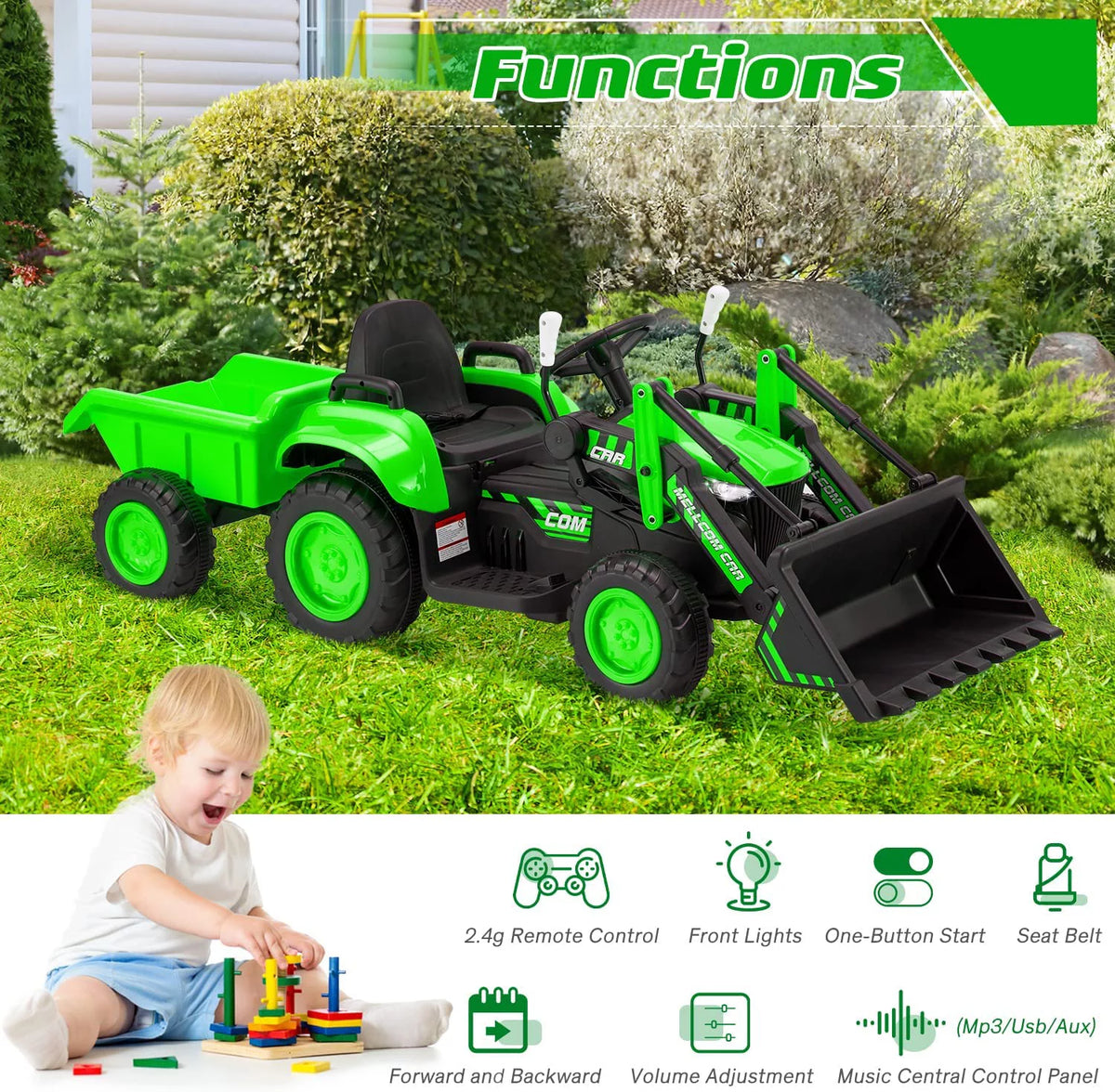 12 V Battery Powered Ride on Bulldozer with Trailer, Front Loader Bucket, Green K4047