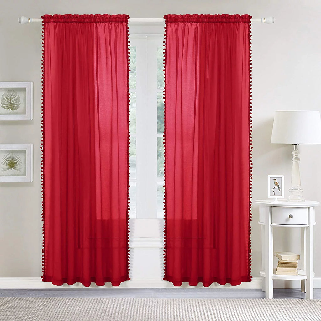 Semi-Sheer Curtains with Pom Pom Tassels 2 Piece Set 60 X 84 Red G908