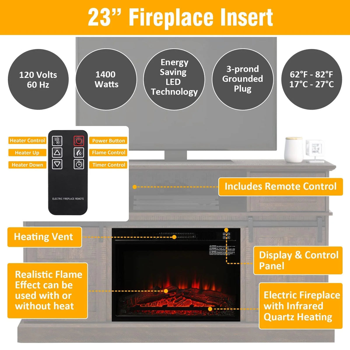 Gray Fireplace TV Stand with 23" Electric Fireplace and Storage Cabinet L3154