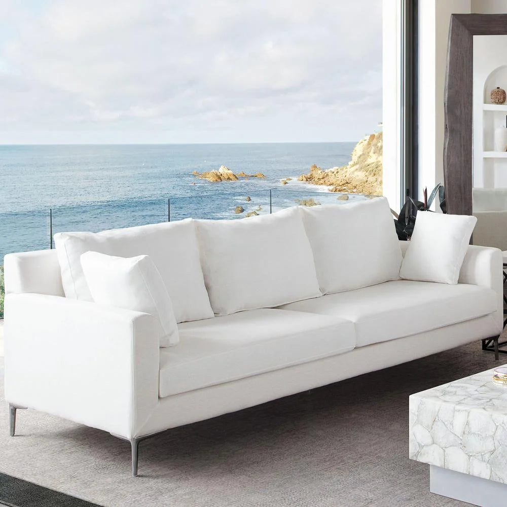 White Linen Sofa with Polished Silver Metal Leg T891