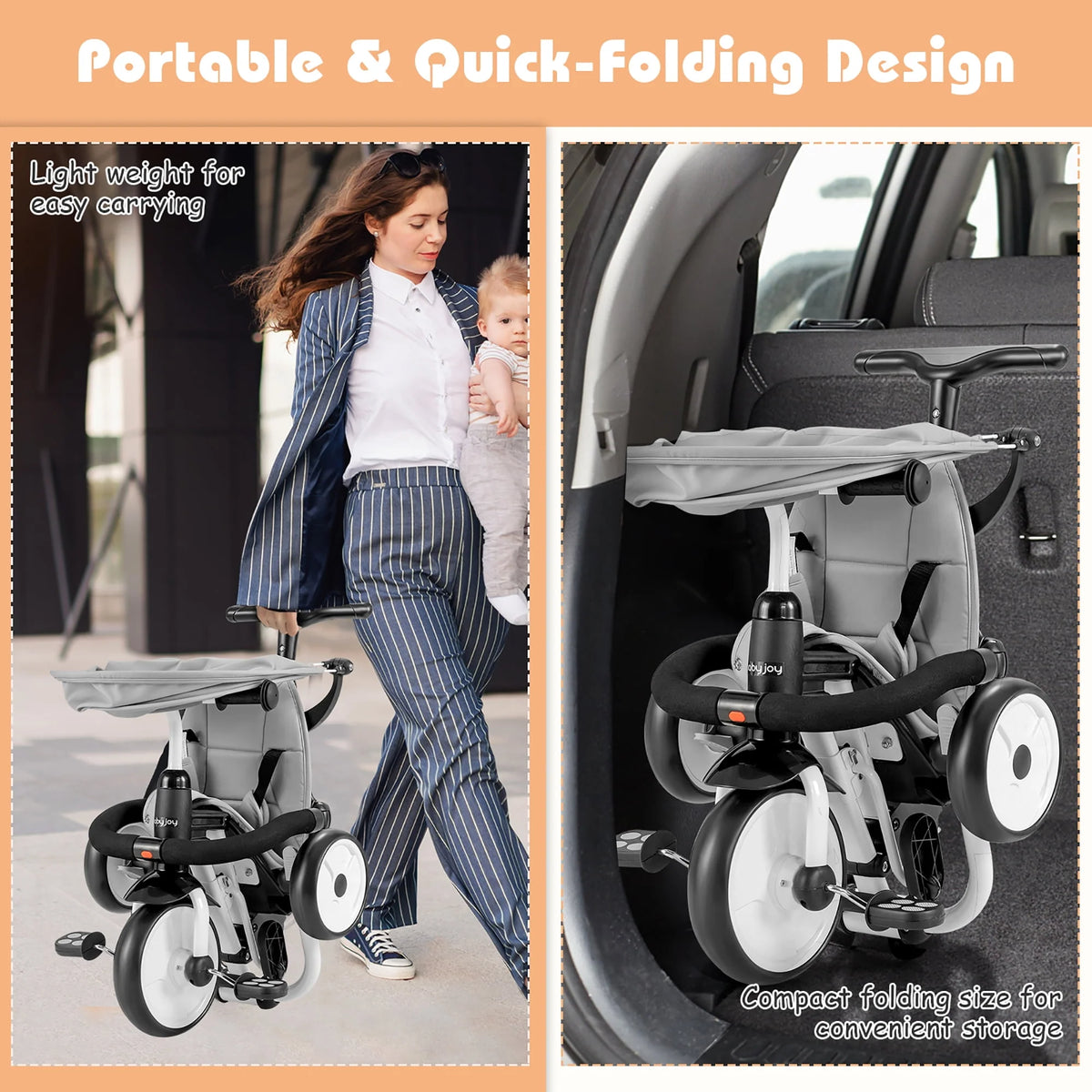 Folding Baby Tricycle Toddler Bike Stroller Gray H199079