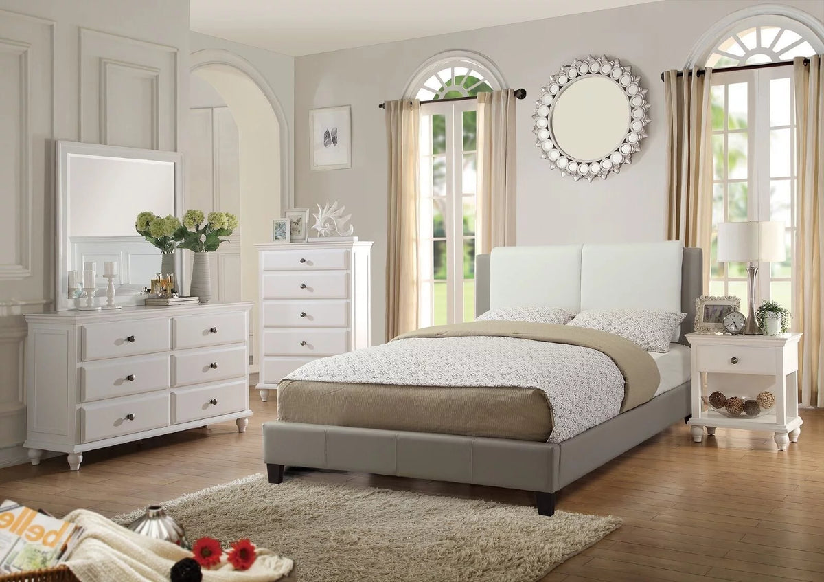 White and Grey Queen Size Bed 4pc Set with Dresser Mirror Nightstand G8474