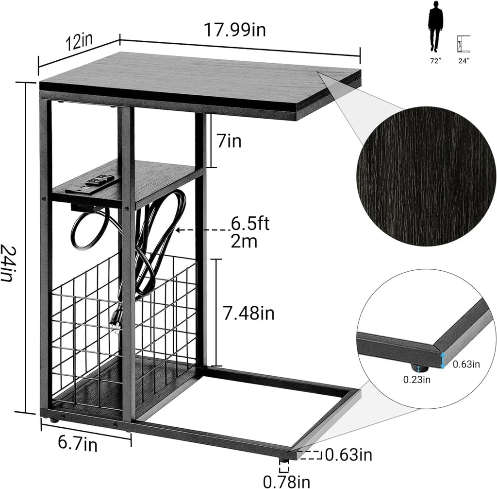 C Shaped End Table with Charging Station, Black H259773