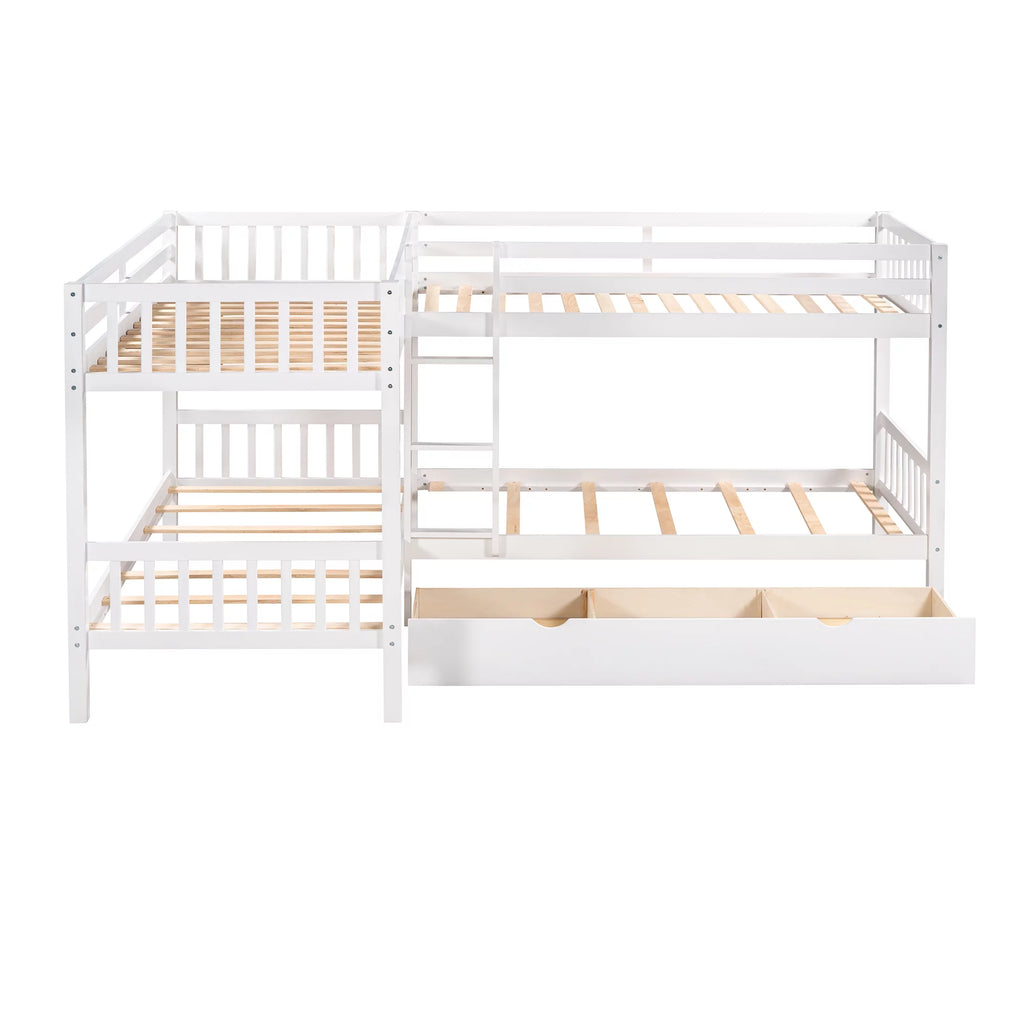 White Wooden L-Shaped Twin Over Twin Bunk Beds with Storage Drawers Q861