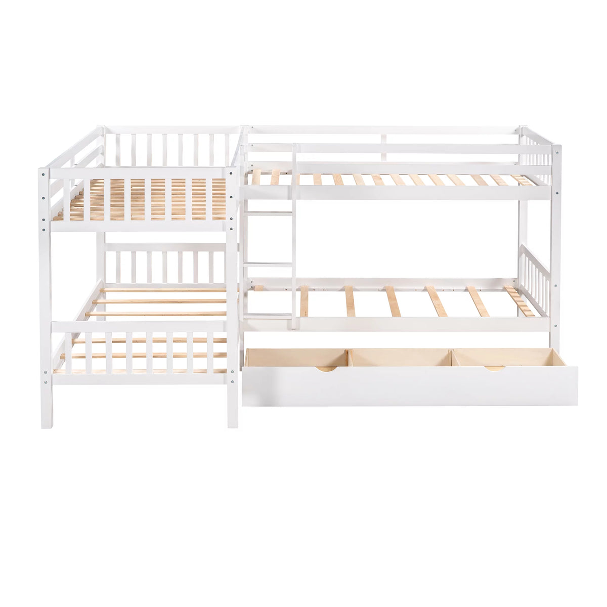 White Wooden L-Shaped Twin Over Twin Bunk Beds with Storage Drawers Q861