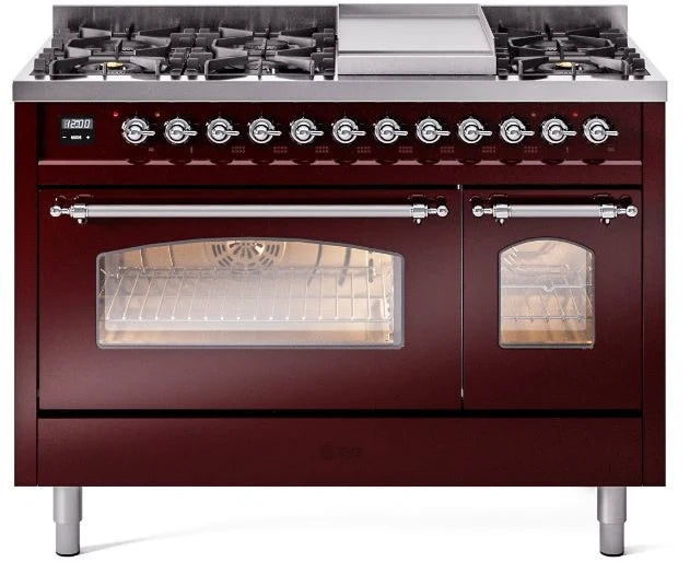 48 Dual Fuel Natural Gas Range in Burgundy with Chrome Trim E56581