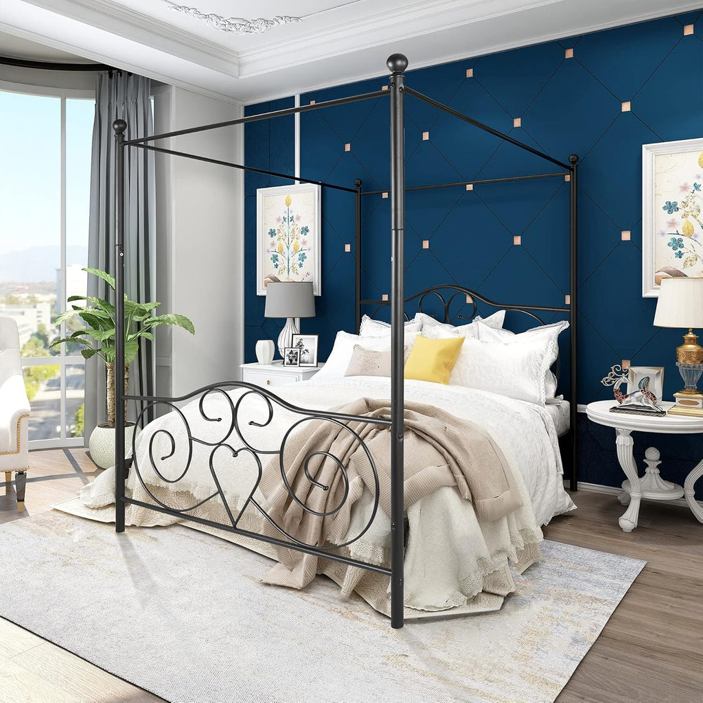 White Full Steel Canopy Bed Frame with Headboard and Footboard J525243
