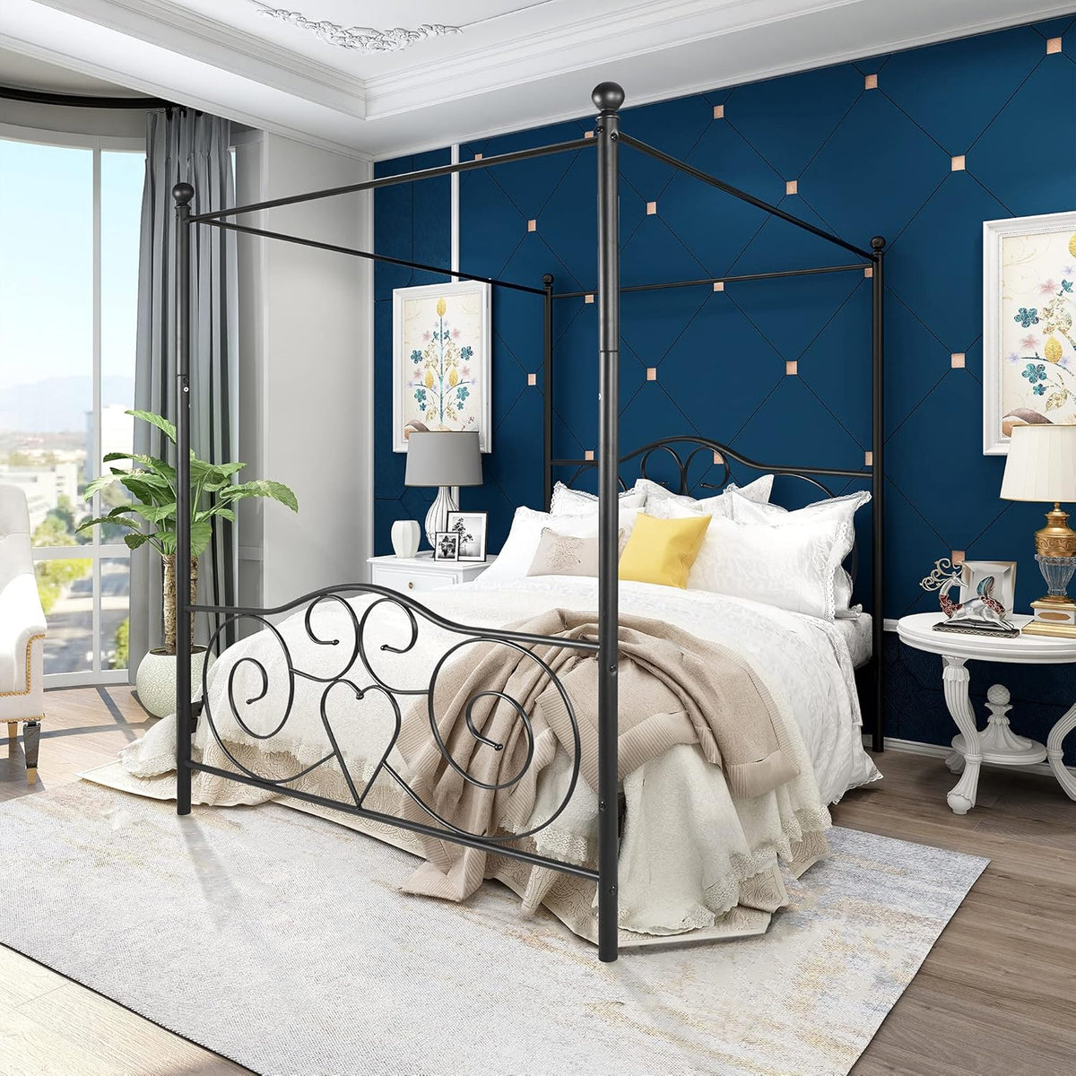 White Full Steel Canopy Bed Frame with Headboard and Footboard J525243