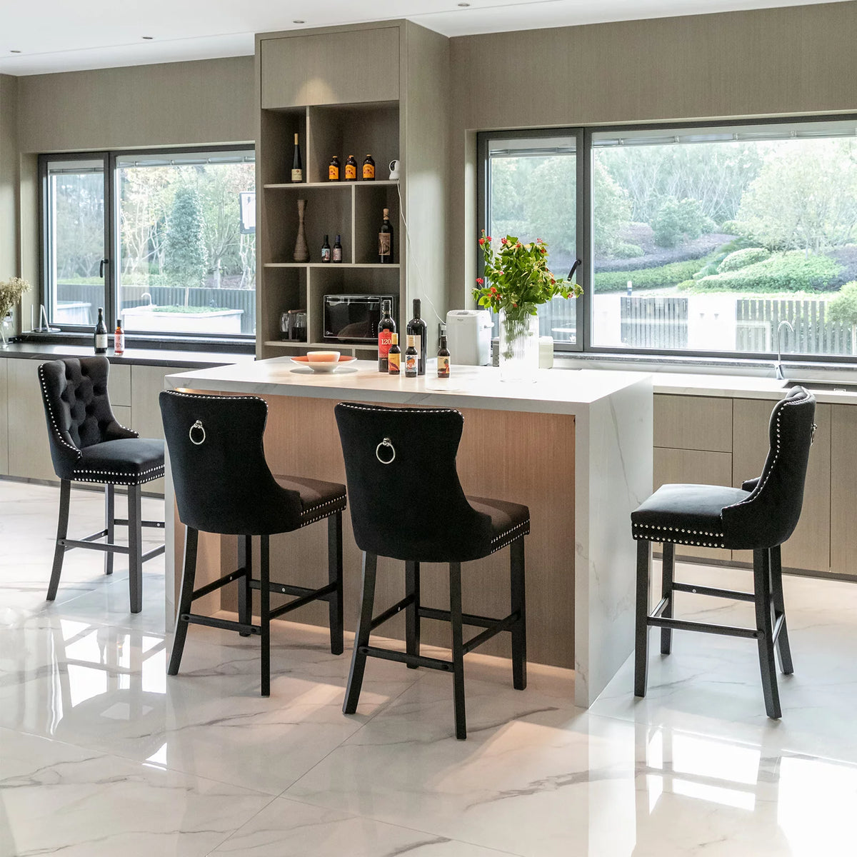 Black Velvet Upholstered Bar Stools Set of 4 R56370