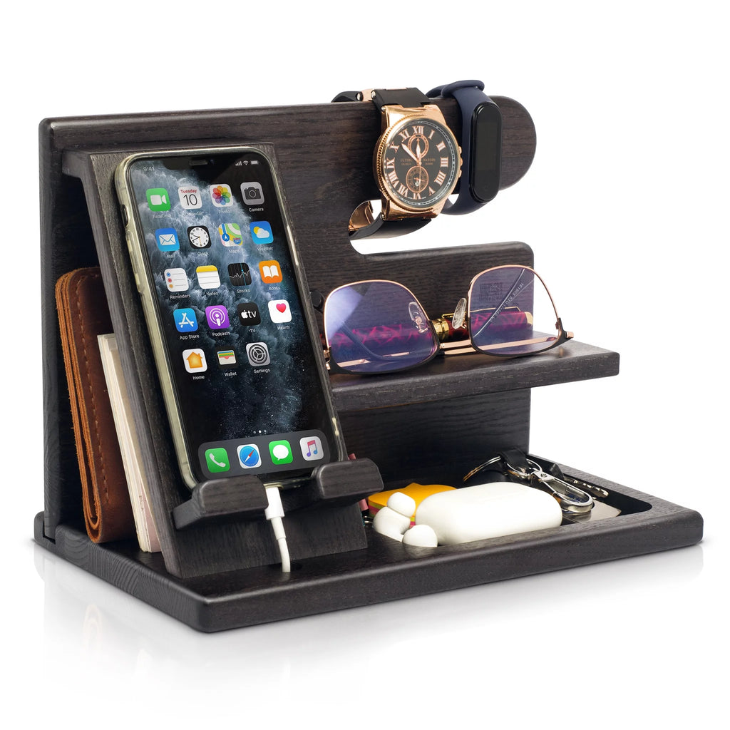 Wood Phone Docking Station Ash Key Holder Wallet Stand Watch Organizer (Black) R288