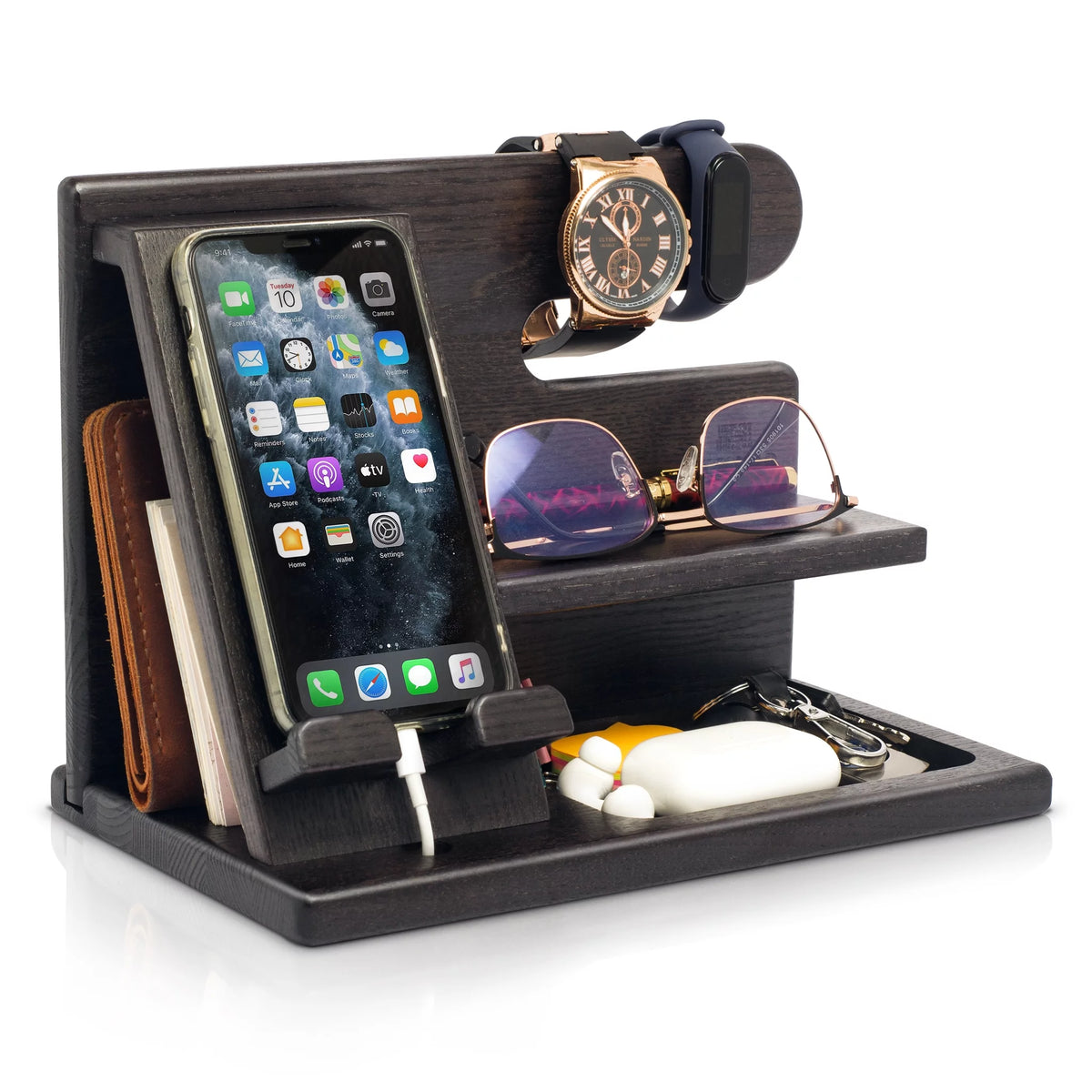 Wood Phone Docking Station Ash Key Holder Wallet Stand Watch Organizer (Black) R288