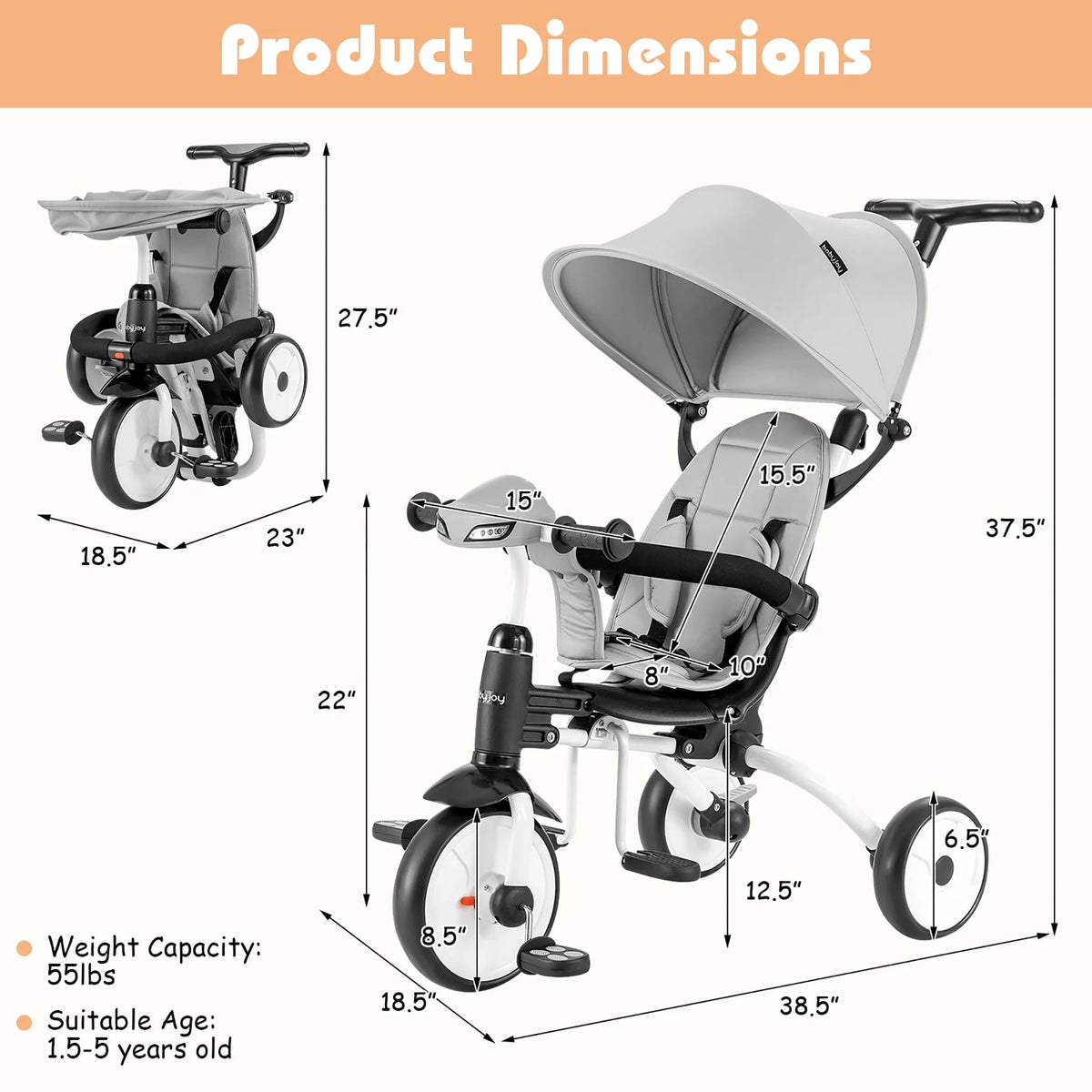 Folding Baby Tricycle Toddler Bike Stroller Gray H199079