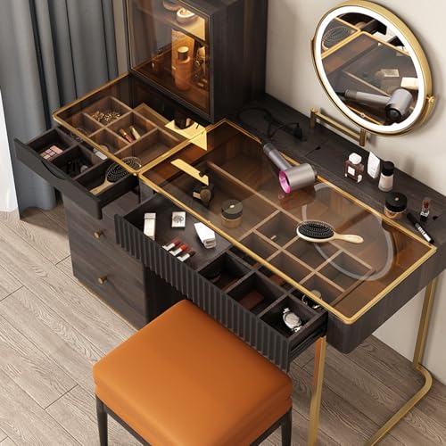 Makeup Vanity Desk with Mirror & LED Light, 5 Drawers, Stool O8009