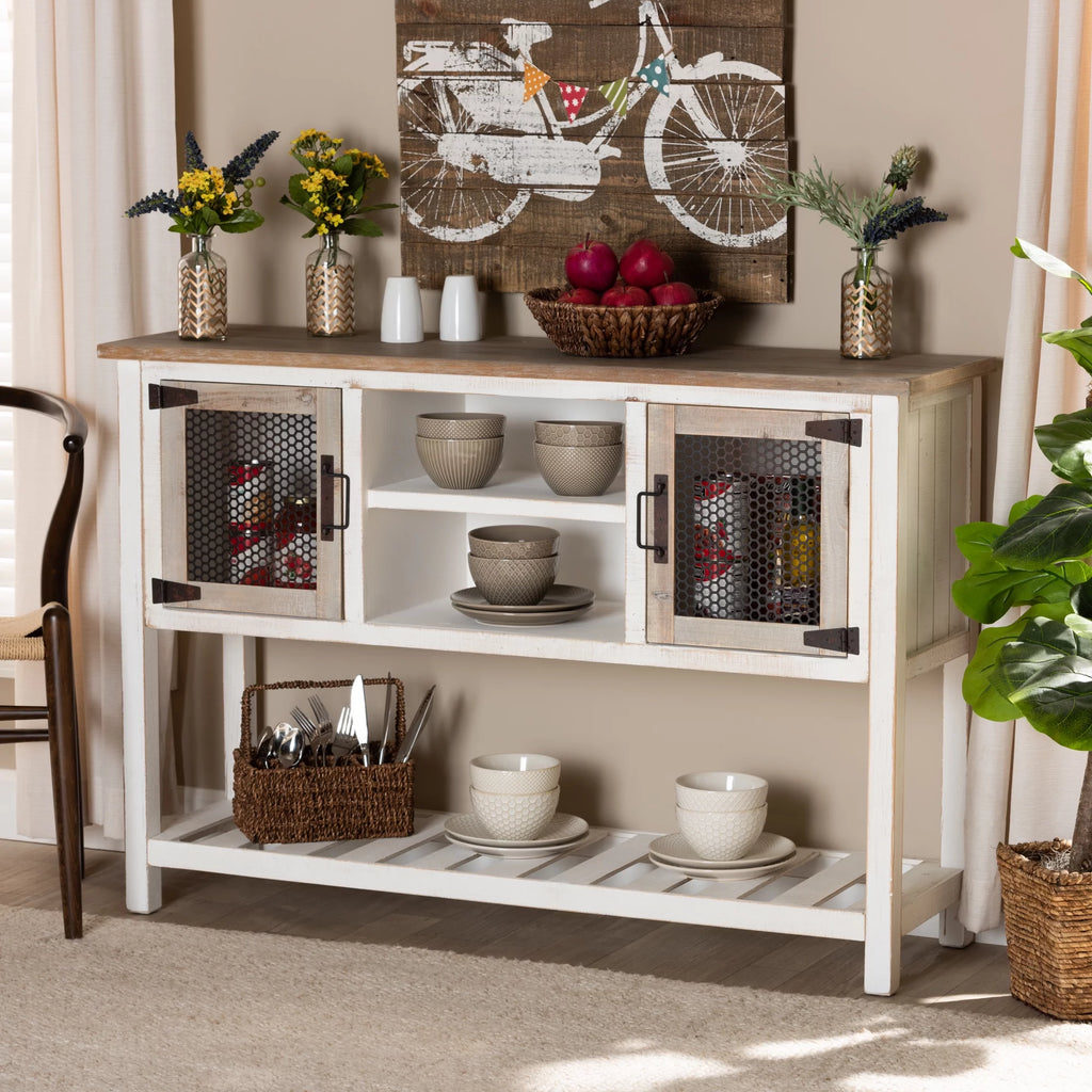 White and Oak Brown Wood 2-Door Sideboard Buffet I910