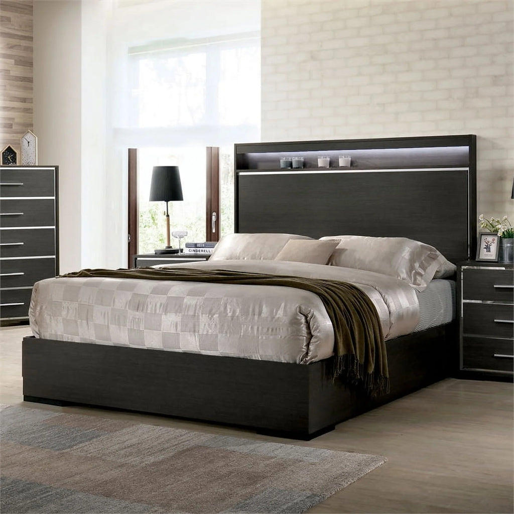 Warm Gray Wood King Panel Bed with LED Lights H134