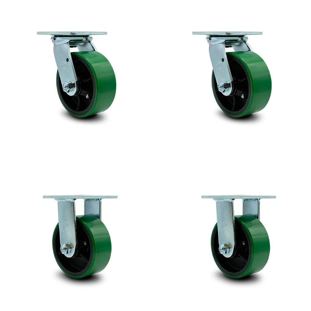 Polyurethane Cast Iron Swivel Caster with 8 x 2 Green Wheel and Brake, Pack of 2 N9808