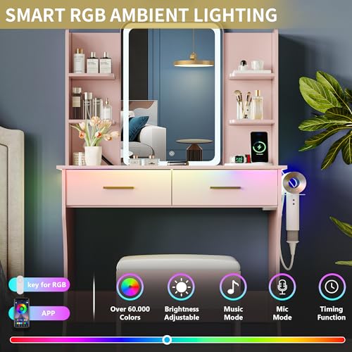 White Vanity Desk with LED Lights Mirror & Chair H709875