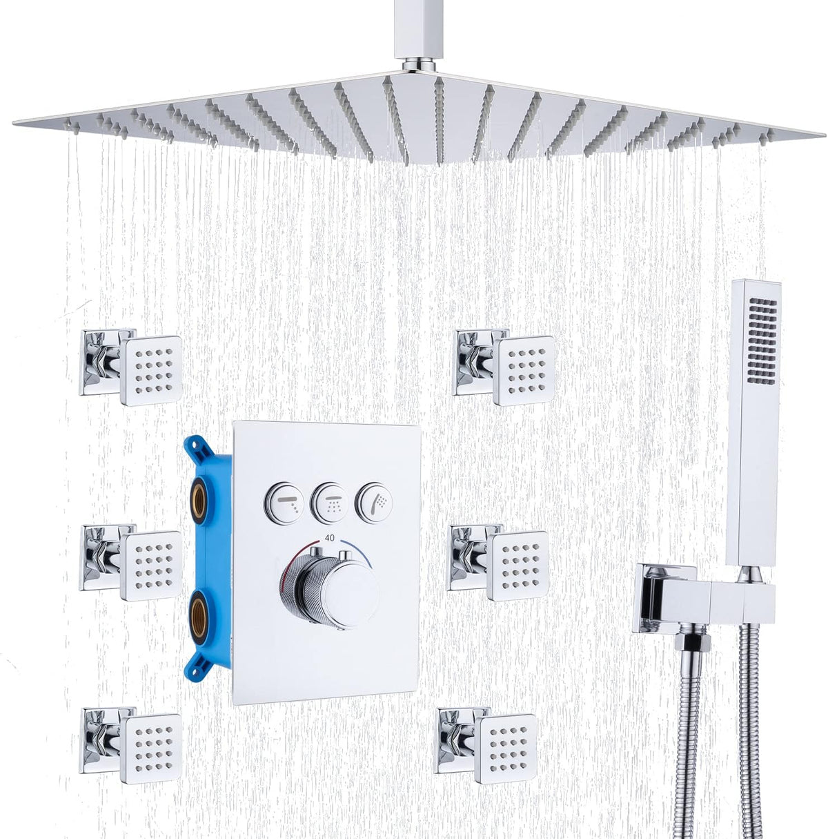 Brushed Gold 16 Inch Ceiling Mount Rain Shower System with Body Jets V379270