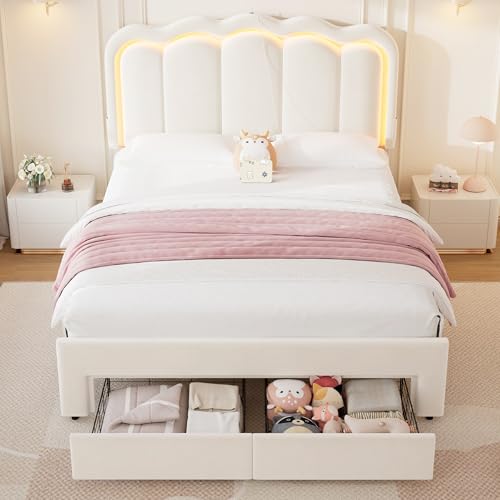 Beige Velvet Twin Upholstered Platform Bed with Storage Drawer Y7404