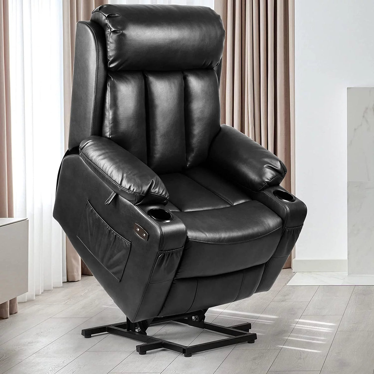 Black Faux Leather Power Lift Recliner Chair with Massage Heat E52727
