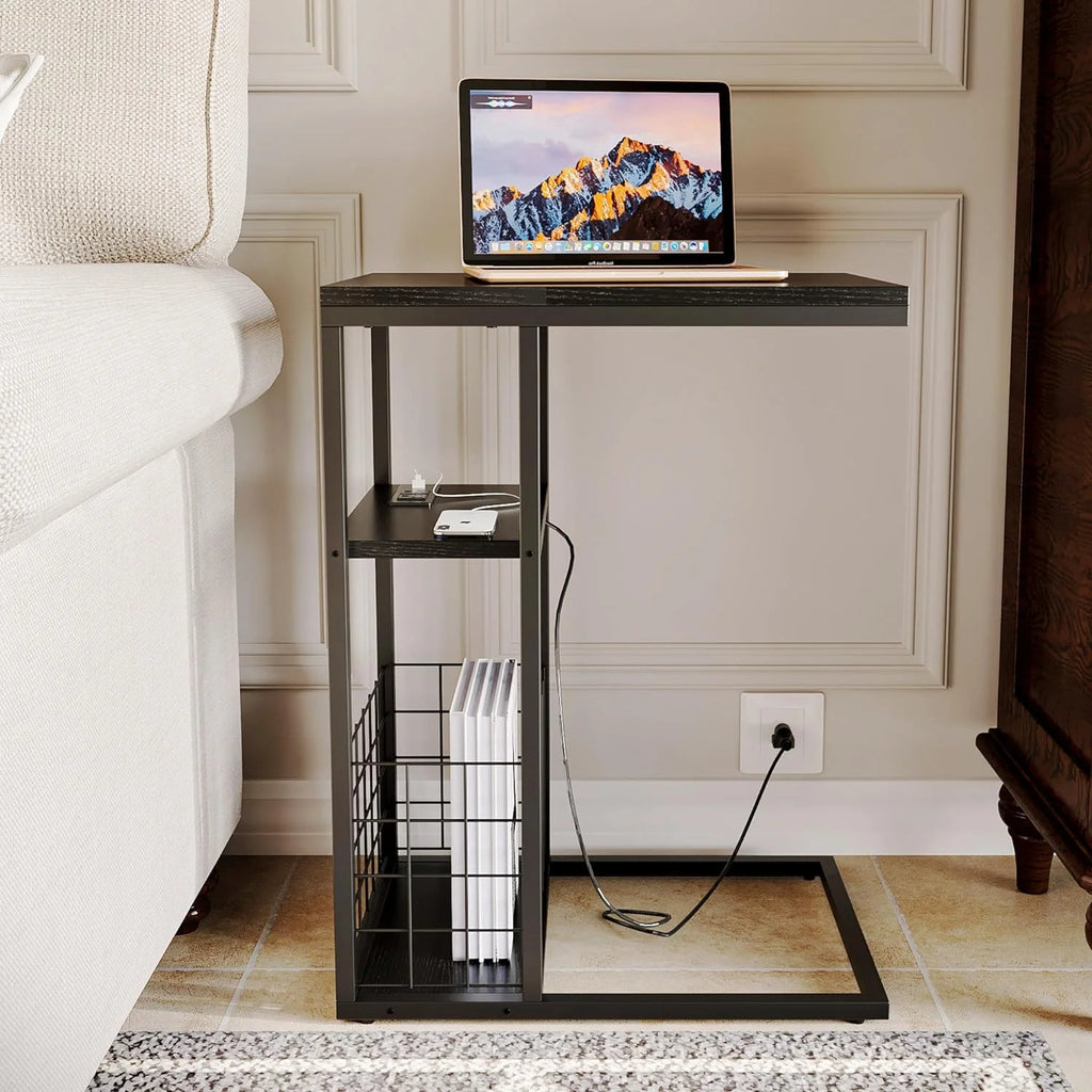 C Shaped End Table with Charging Station, Black H259773