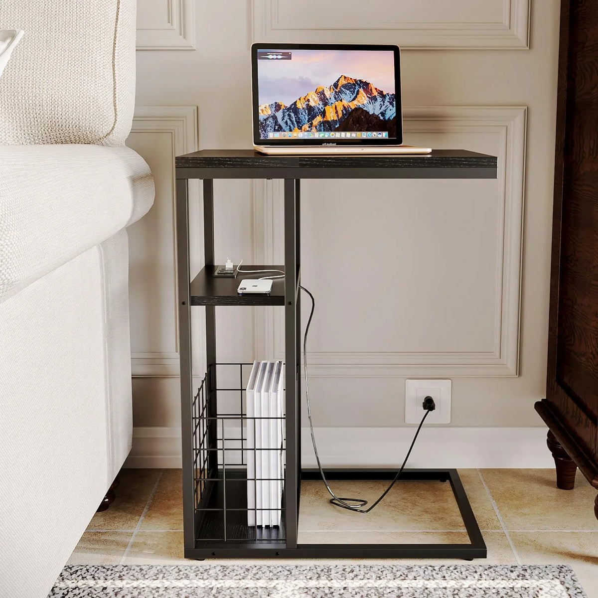 C Shaped End Table with Charging Station, Black H259773