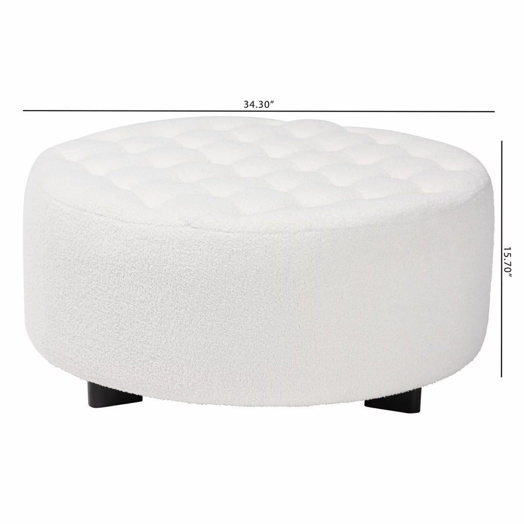 Ivory Boucle Upholstered Black Wood Round Ottoman M180