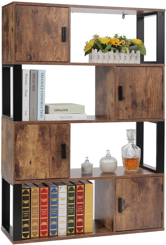 4 Tier Rustic Brown Bookcase with 4 Cube Storage Cabinet Z43289