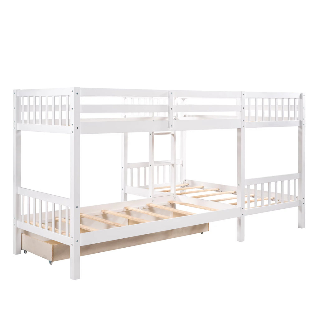 White Wooden L-Shaped Twin Over Twin Bunk Beds with Storage Drawers Q861