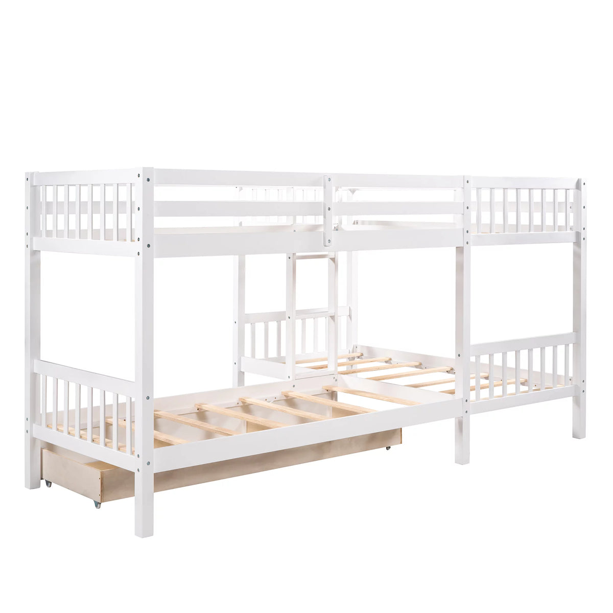 White Wooden L-Shaped Twin Over Twin Bunk Beds with Storage Drawers Q861