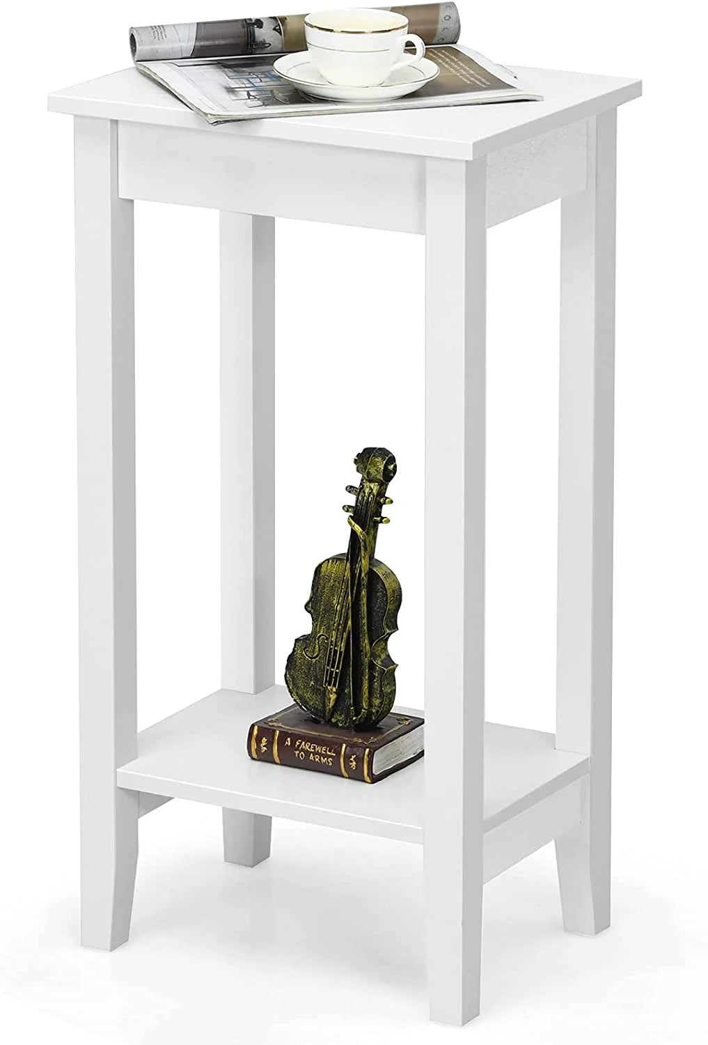 2-Tier End Table with Shelf and Wooden Legs, White R81983