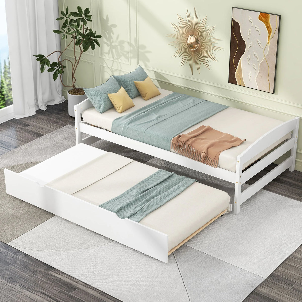 Twin Platform Bed with Trundle and Wooden Slats Z475493